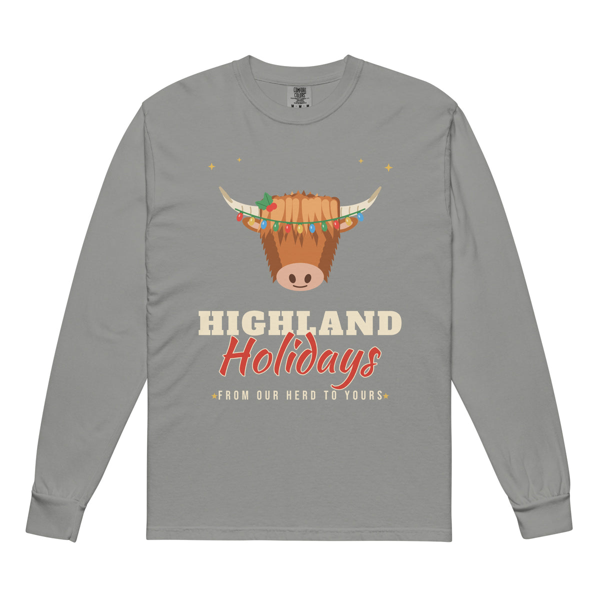 Highland Holidays Highland Cow Christmas Comfort Colors Long Sleeve Tee in Grey, front view