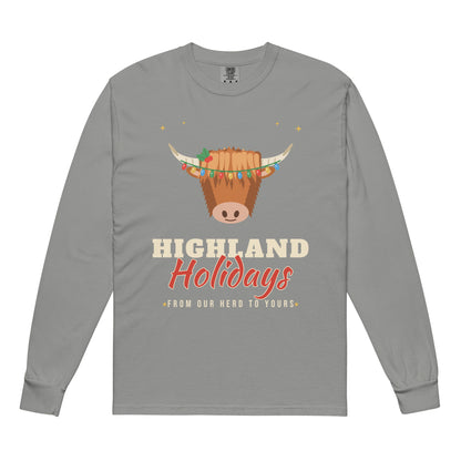 Highland Holidays Highland Cow Christmas Comfort Colors Long Sleeve Tee in Grey, front view