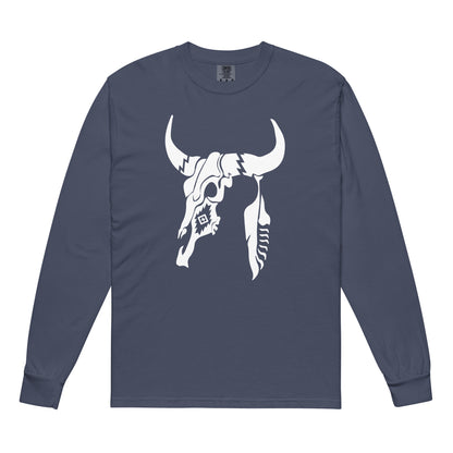 Cow Skull And Feather Comfort Colors Long Sleeve Tee in Navy, front view
