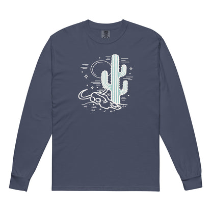 Cactus And Cow Skull Comfort Colors Long Sleeve Tee in Navy, front view
