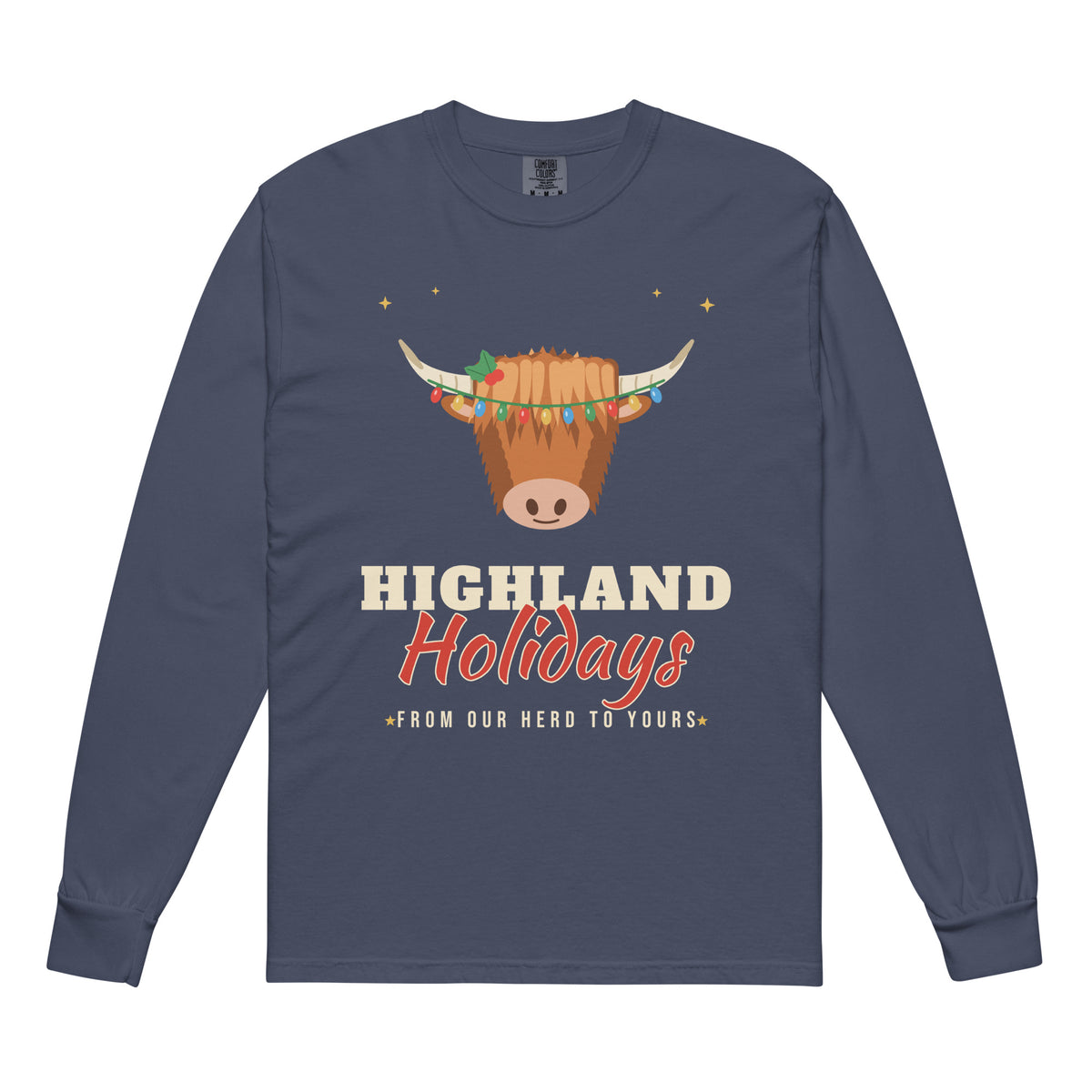 Highland Holidays Highland Cow Christmas Comfort Colors Long Sleeve Tee in Navy, front view