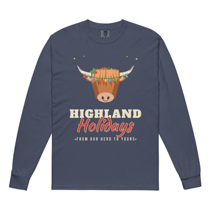 Highland Holidays Highland Cow Christmas Comfort Colors Long Sleeve Tee in Navy, front view