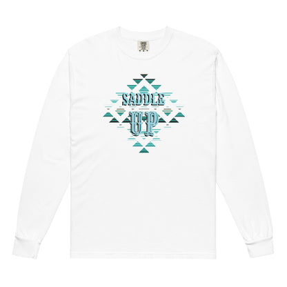 Saddle Up Aztec Comfort Colors Long Sleeve Tee in White, front view