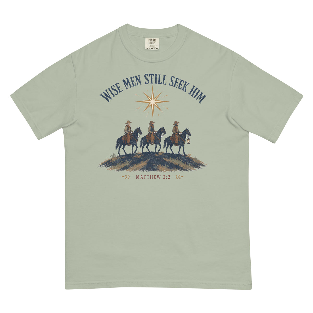 Wise Men Still Seek Him cowboy Christmas tee in Bay, front