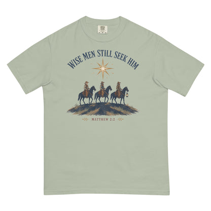 Wise Men Still Seek Him cowboy Christmas tee in Bay, front