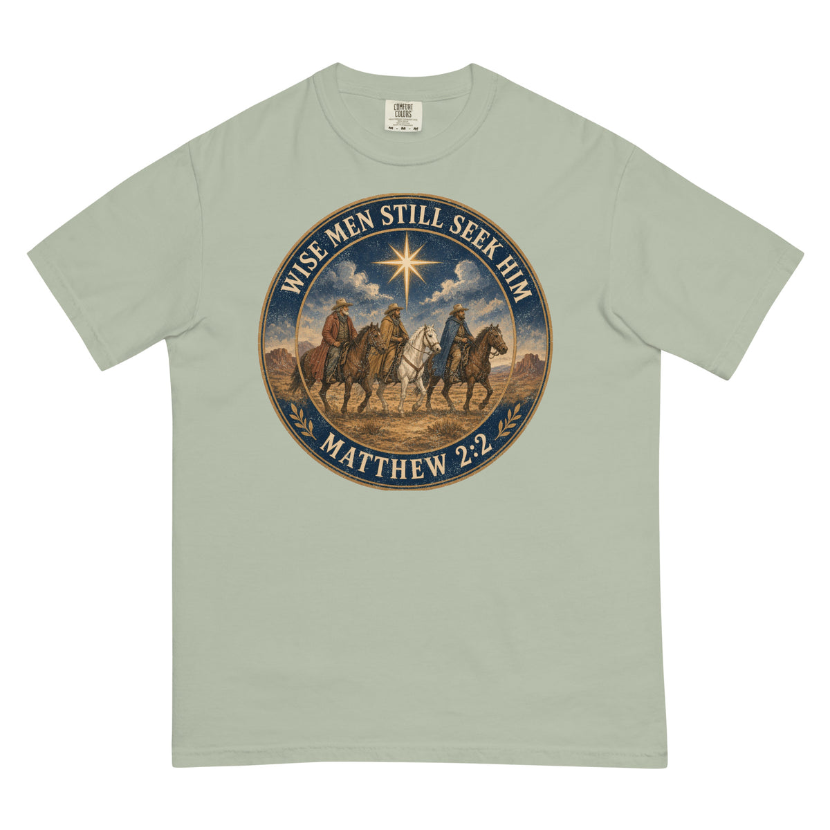 Wise Men Still Seek Him cowboy Christmas tee in Bay, front