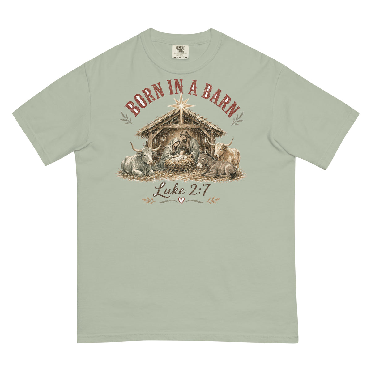 Born in a Barn Nativity western Christmas tee in Bay, front
