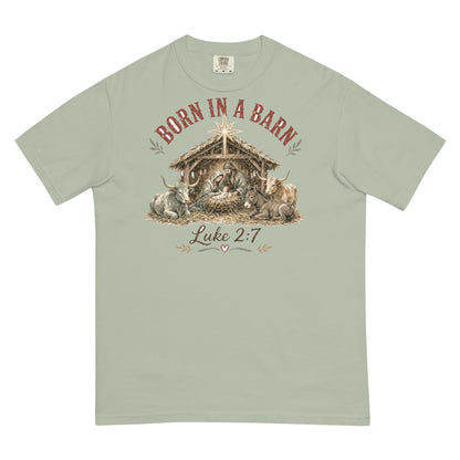 Born in a Barn Nativity western Christmas tee in Bay, front