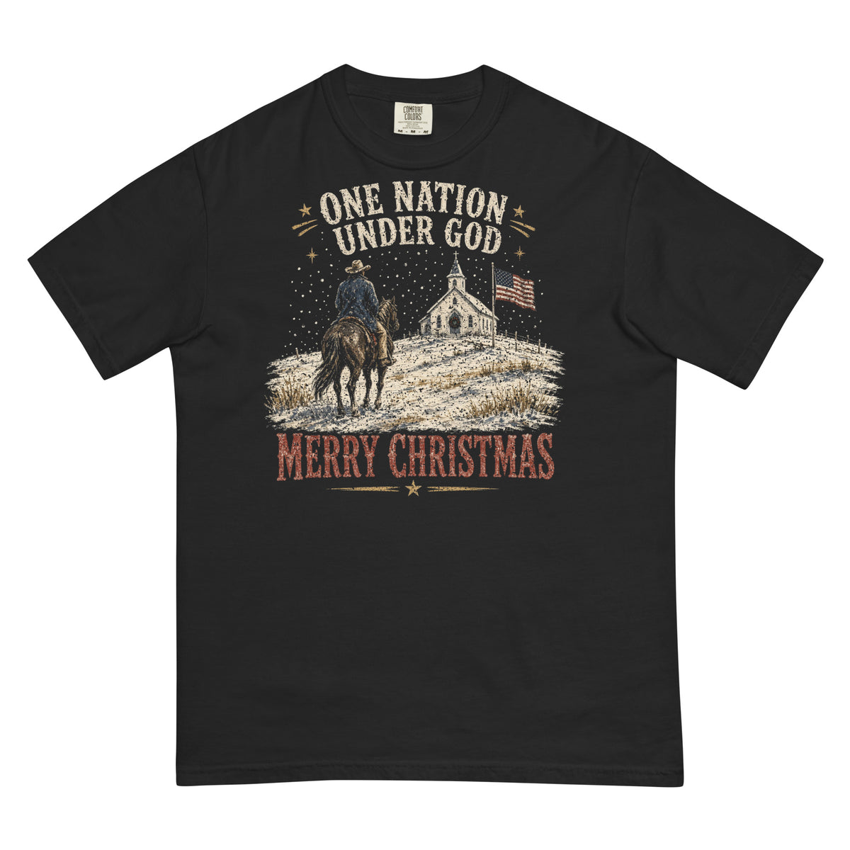 One Nation Under God Merry Christmas western tee in Black, front