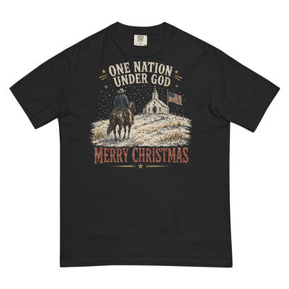 One Nation Under God Merry Christmas western tee in Black, front