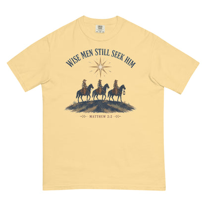 Wise Men Still Seek Him cowboy Christmas tee in Butter, front