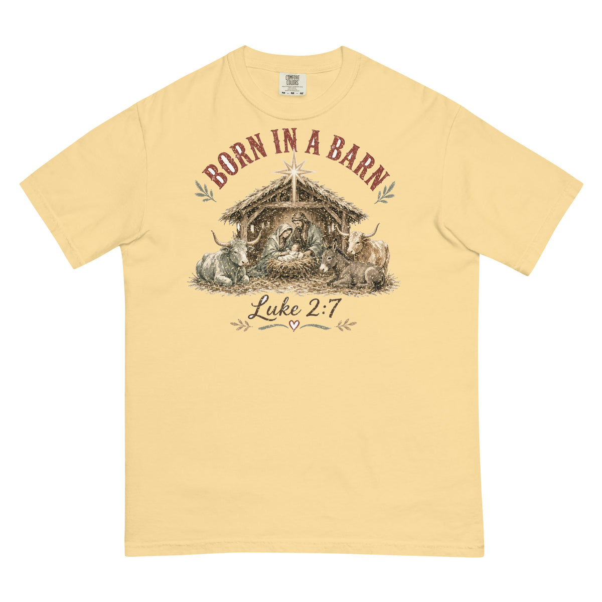 Born in a Barn Nativity western Christmas tee in Butter, front