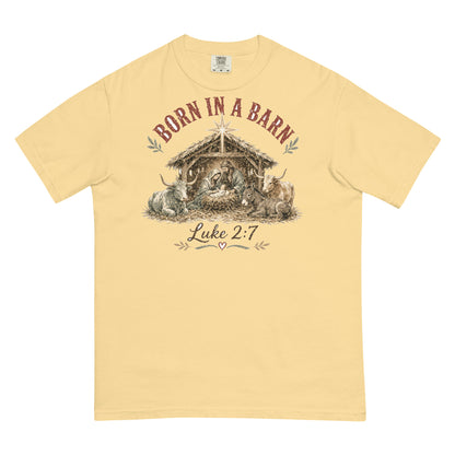 Born in a Barn Nativity western Christmas tee in Butter, front
