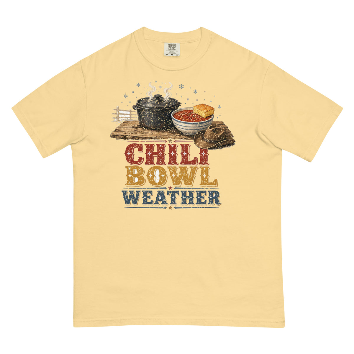 Chili Bowl Weather Comfort Colors tee in Butter, front