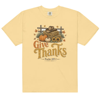 Give Thanks Psalm 107:1 Comfort Colors tee in Butter, front