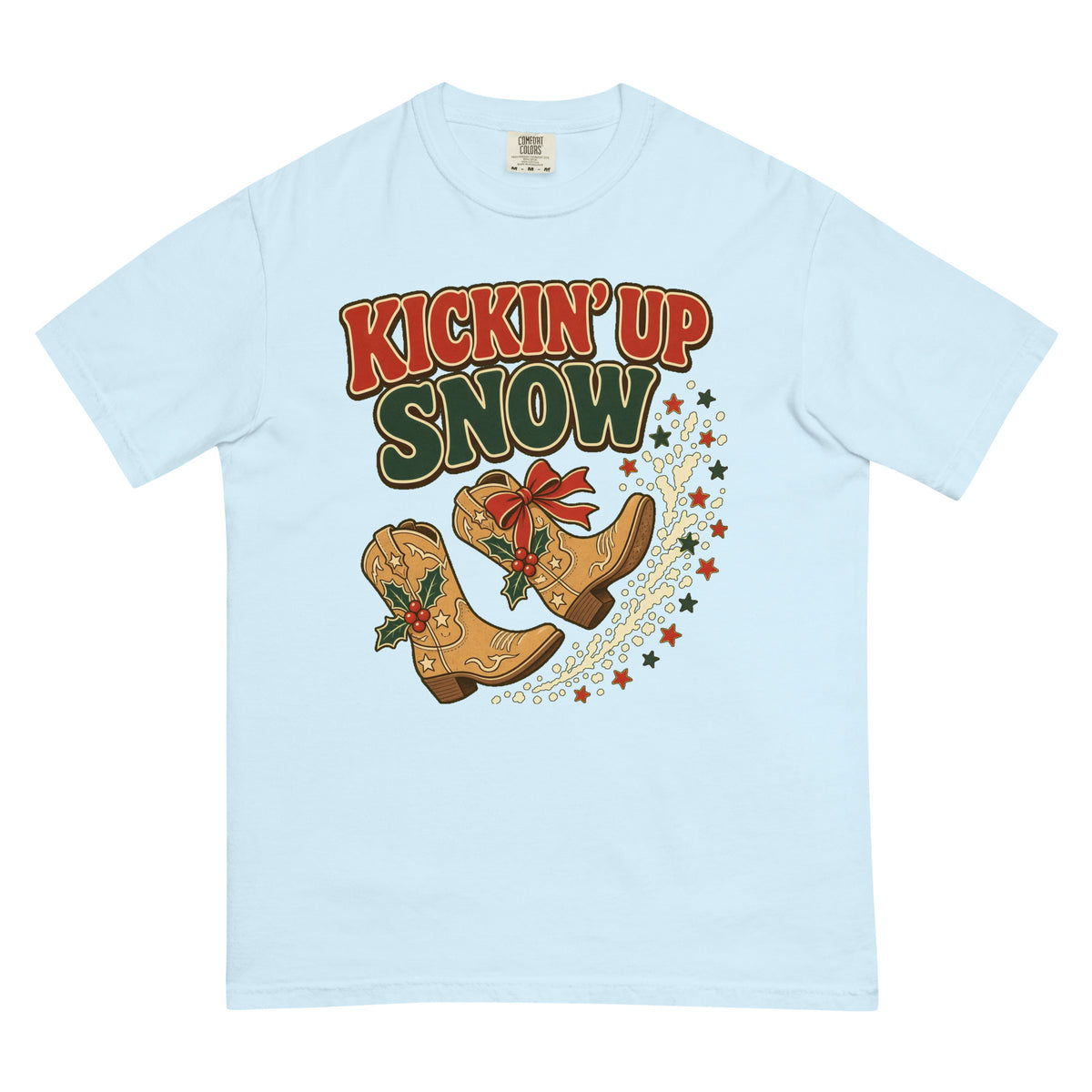 Kickin' Up Snow Comfort Colors Tee in Chambray, front view