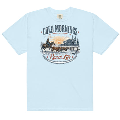 Cold Mornings Ranch Life Comfort Colors tee in Chambray, front