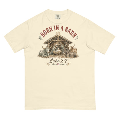Born in a Barn Nativity western Christmas tee in Ivory, front