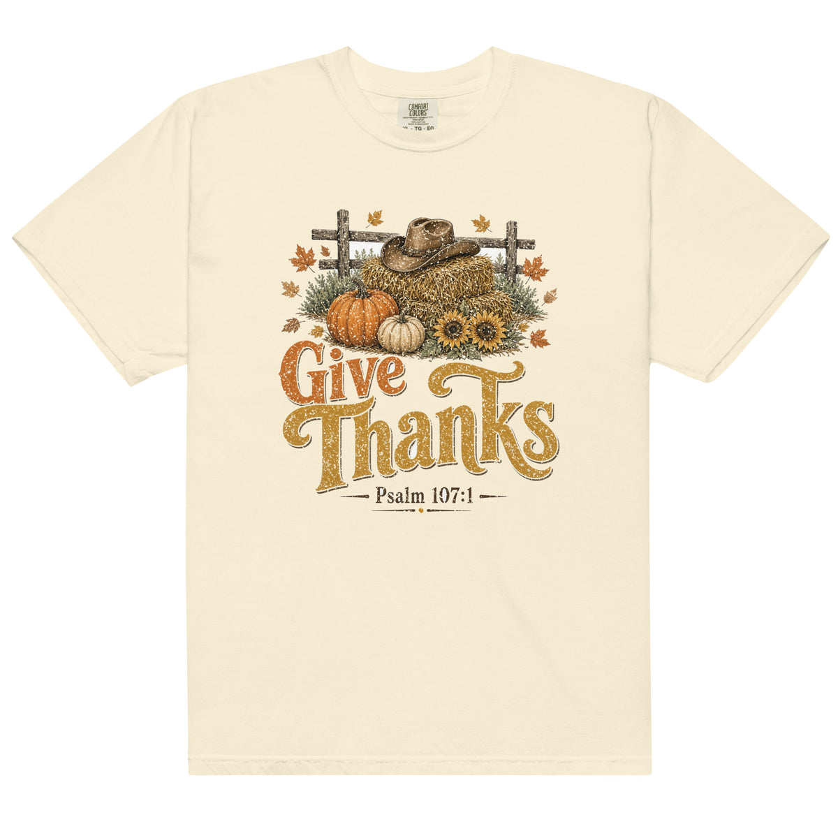 Give Thanks Psalm 107:1 Comfort Colors tee in Ivory, front