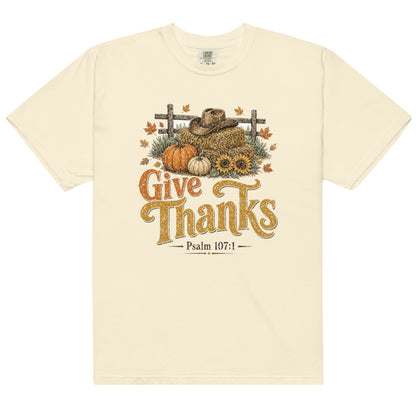 Give Thanks Psalm 107:1 Comfort Colors tee in Ivory, front