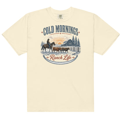 Cold Mornings Ranch Life Comfort Colors tee in Ivory, front