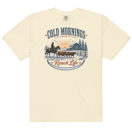 Cold Mornings Ranch Life Comfort Colors tee in Ivory, front