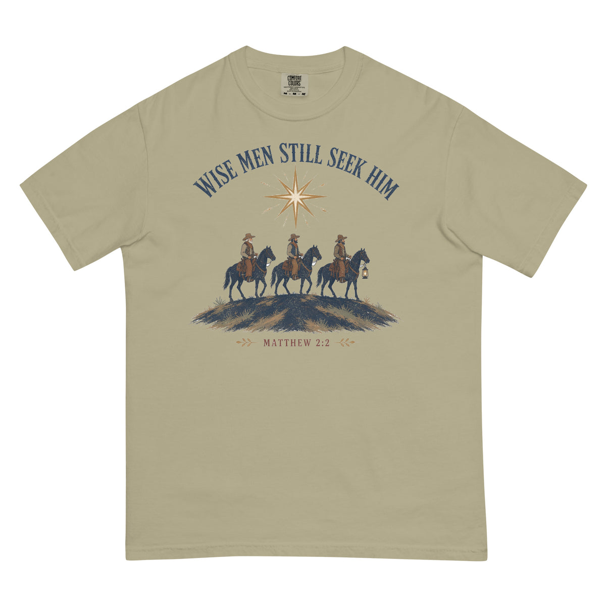Wise Men Still Seek Him cowboy Christmas tee in Khaki, front