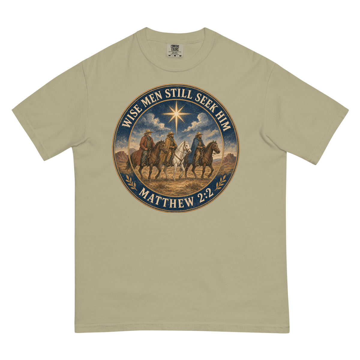 Wise Men Still Seek Him cowboy Christmas tee in Khaki, front