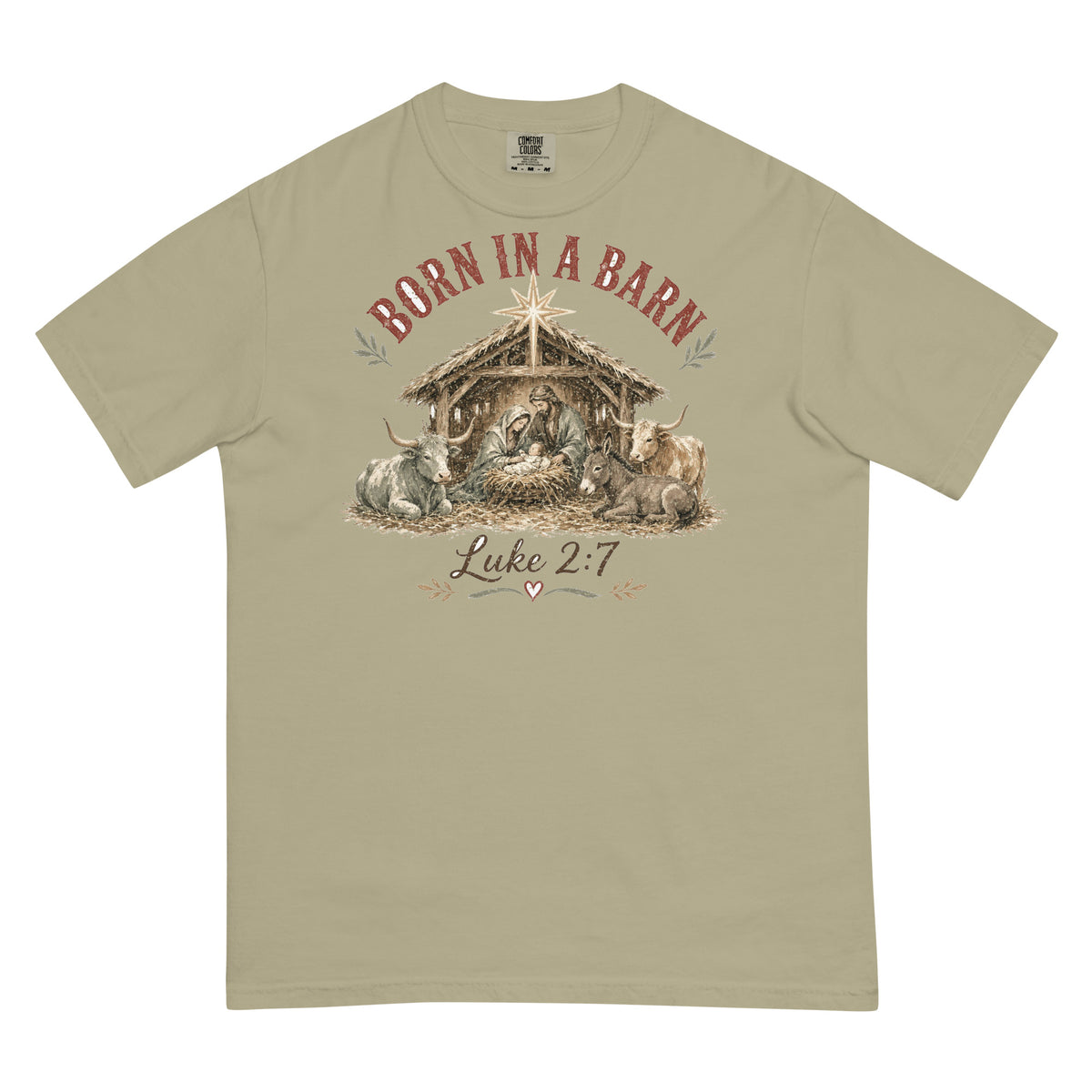 Born in a Barn Nativity western Christmas tee in Khaki, front