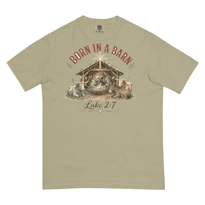 Born in a Barn Nativity western Christmas tee in Khaki, front