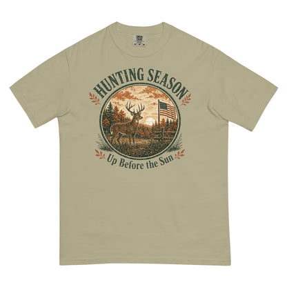 Hunting Season Up Before the Sun Comfort Colors Tee in Khaki, front view