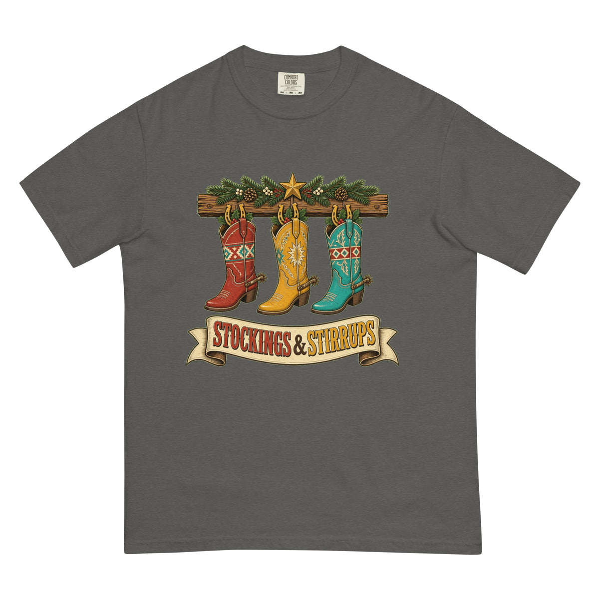 Stockings & Stirrups Comfort Colors Tee in Pepper, front view