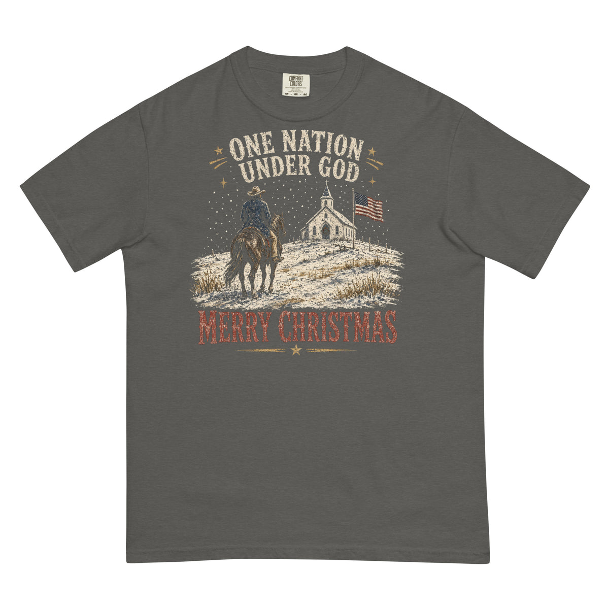 One Nation Under God Merry Christmas western tee in Pepper, front