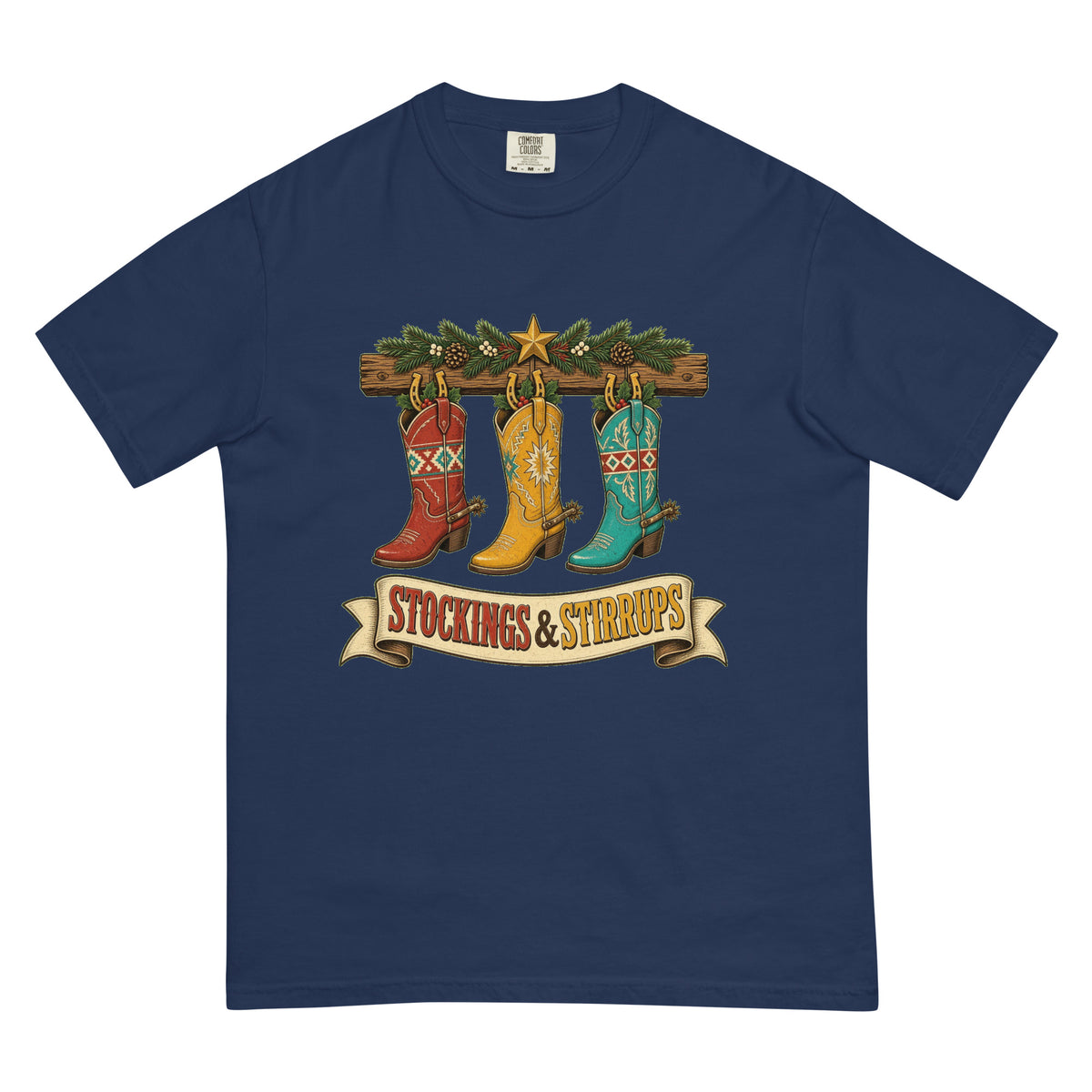 Stockings & Stirrups Comfort Colors Tee in True Navy, front view