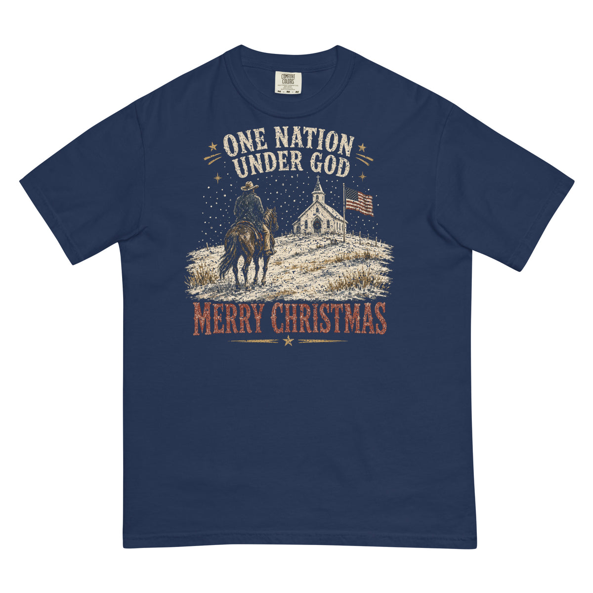 One Nation Under God Merry Christmas western tee in True Navy, front