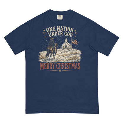 One Nation Under God Merry Christmas western tee in True Navy, front