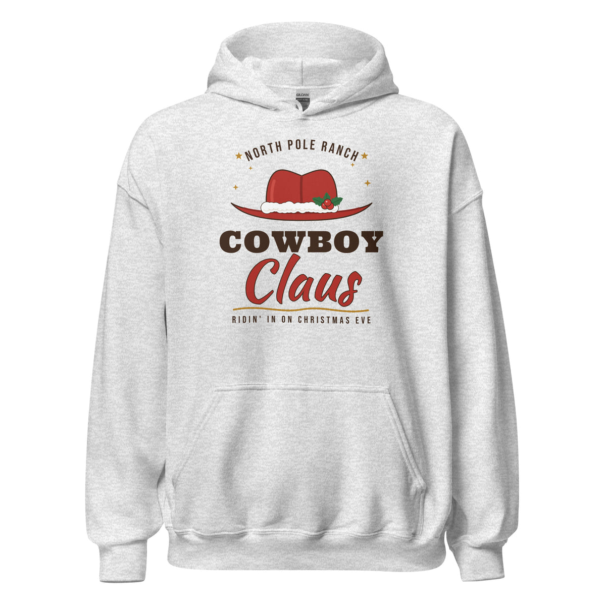 Cowboy Claus Western Christmas Hoodie in Ash, front view
