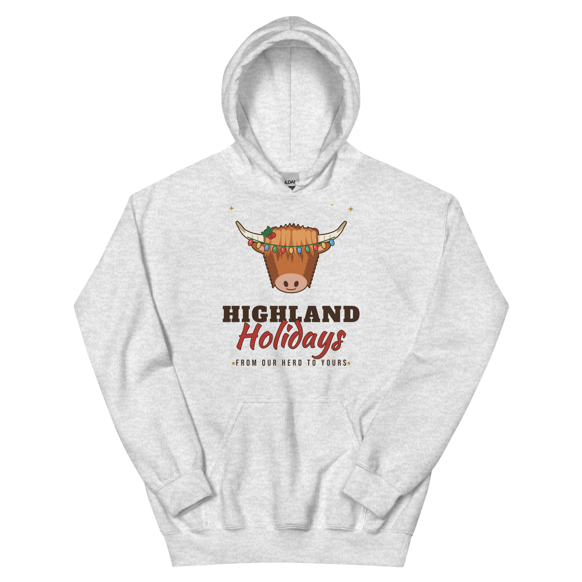 Highland Holidays Highland Cow Western Christmas Hoodie in Ash, front view
