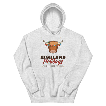 Highland Holidays Highland Cow Western Christmas Hoodie in Ash, front view