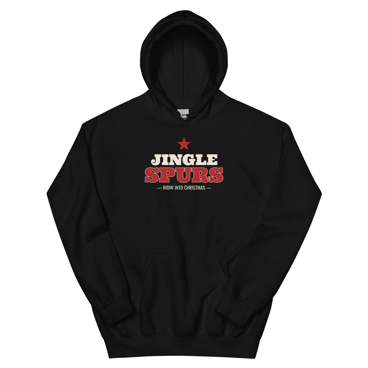 Jingle Spurs Western Christmas Hoodie in Black, front view