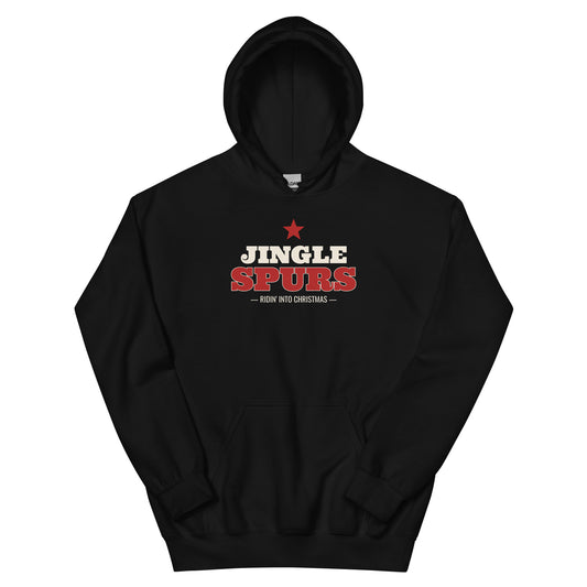 Jingle Spurs Western Christmas Hoodie in Black, front view