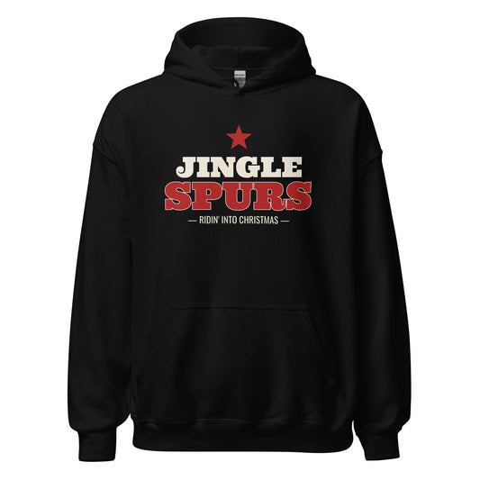 Jingle Spurs Western Christmas Hoodie in Black, front view