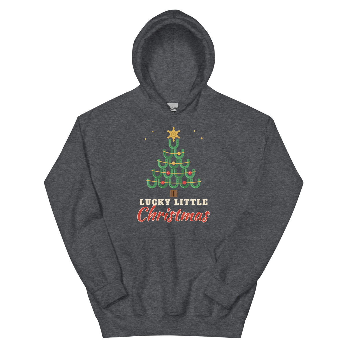Lucky Little Christmas Western Christmas Hoodie in Dark Heather, front view