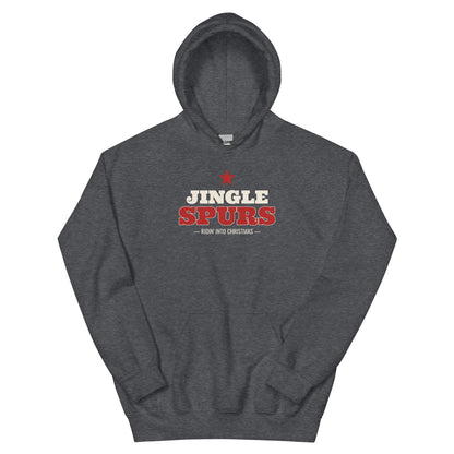 Jingle Spurs Western Christmas Hoodie in Dark Heather, front view