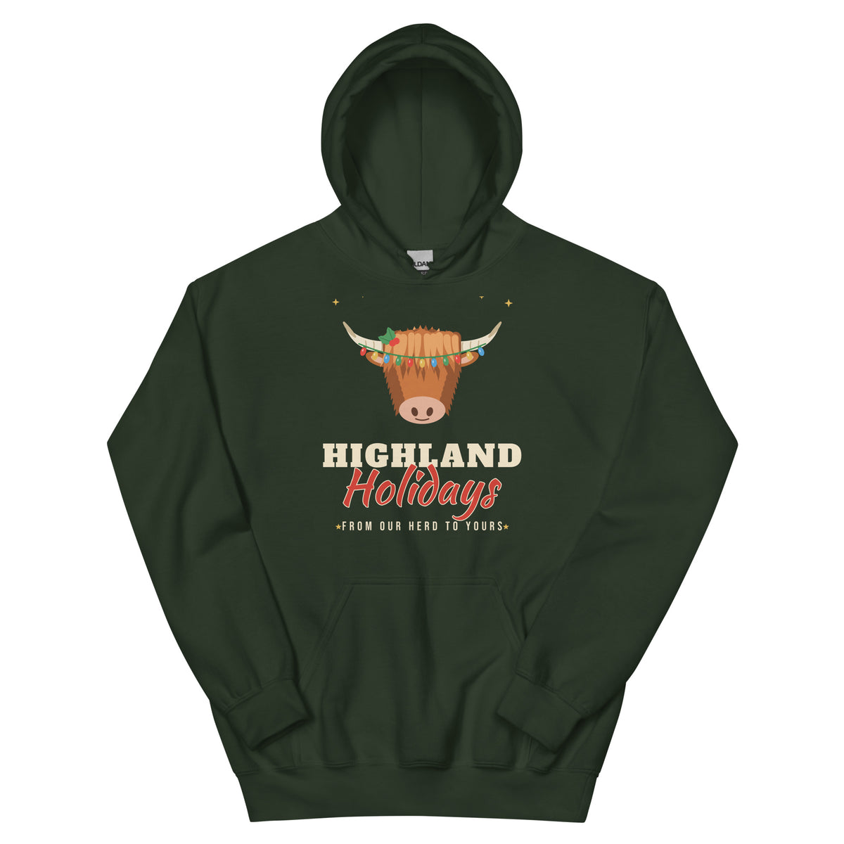 Highland Holidays Highland Cow Western Christmas Hoodie in Forest Green, front view