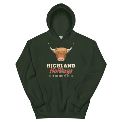 Highland Holidays Highland Cow Western Christmas Hoodie in Forest Green, front view