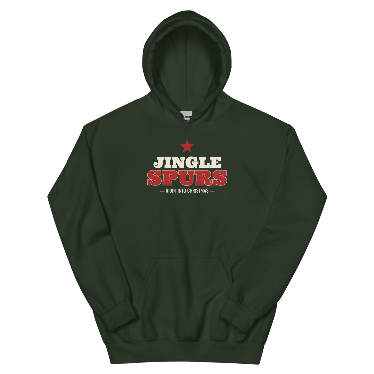 Jingle Spurs Western Christmas Hoodie in Forest Green, front view