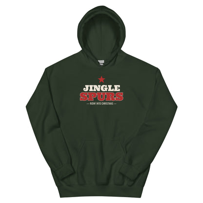Jingle Spurs Western Christmas Hoodie in Forest Green, front view