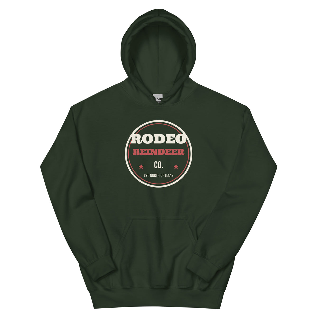 Rodeo Reindeer Co. Western Christmas Hoodie in Forest Green, front view
