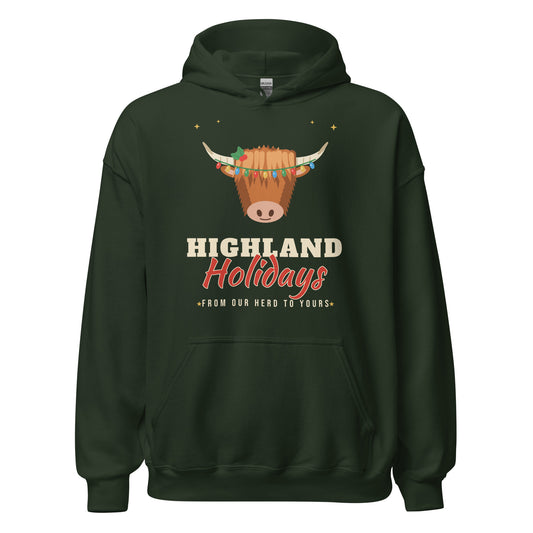 Highland Holidays Highland Cow Western Christmas Hoodie in Forest Green, front view